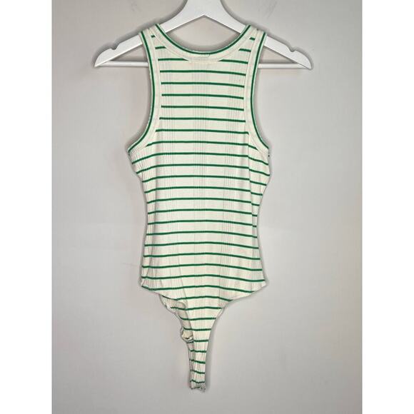 MOTHER The Chin Ups High Road Striped Green & White Bodysuit Women's Size S - Picture 8 of 8